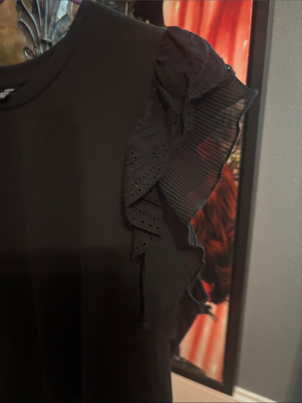 SHEIN Black Short Sleeve Ruffle Mesh Sleeve Tee - L - Picture 4 of 11